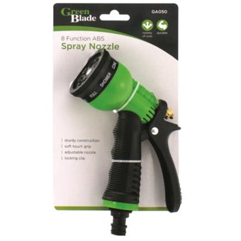 Green Blade 8 Function Adjustable ABS Garden Spray Nozzle with Soft Grip and Locking Clip