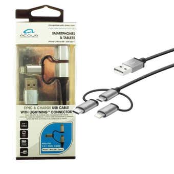 Acqua 3 In One Sync & Charge Type-C Lightning USB Cable