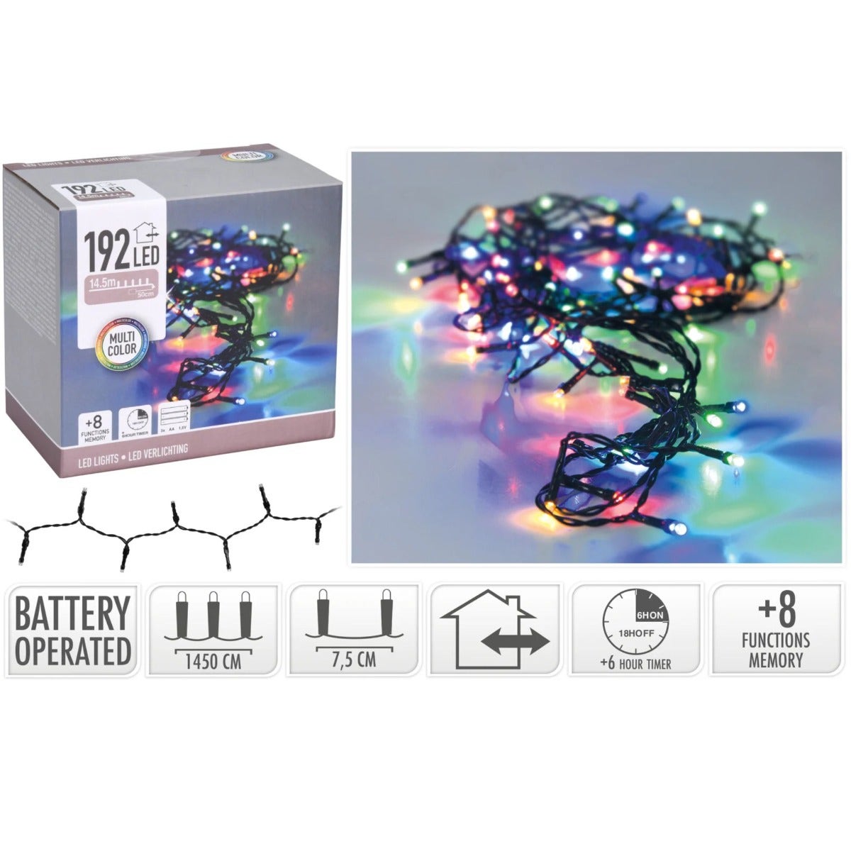 Multi-Colour LED Battery Christmas Lights - 192 Lights