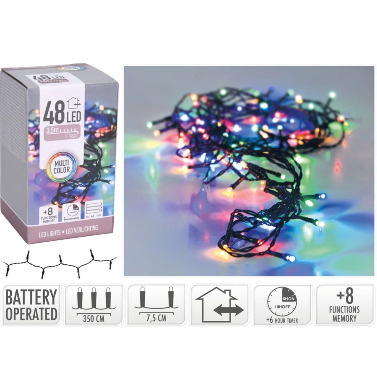 Multi-Colour LED Battery Christmas Lights - 48 Lights