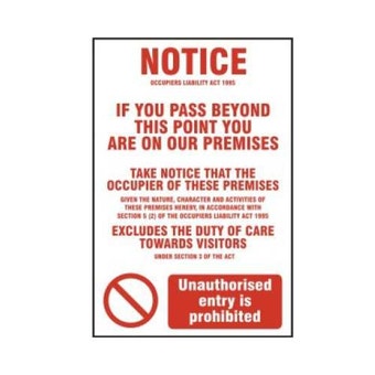 Occupiers Liability Act 1995 (Information) - PVC Sign (200 x 300mm)