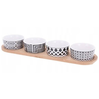 Porcelain Ceramic Bowls with Bamboo Serving Tray - Set of 4 I Black and White Geometric Design
