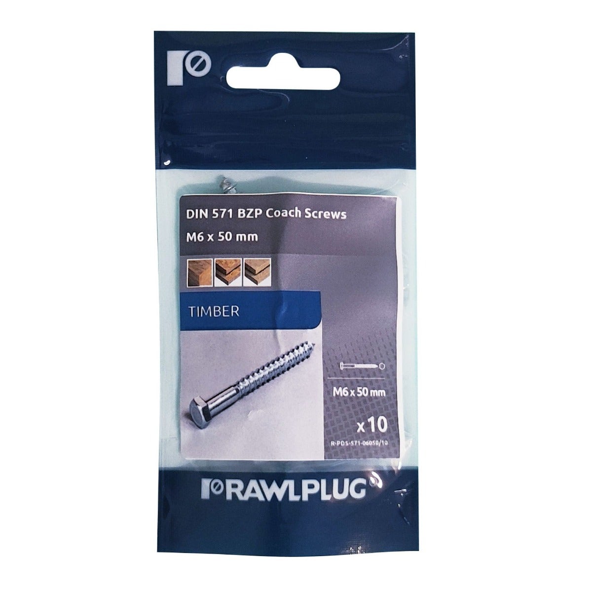 Rawlplug Coach Screws BZP for Timber Fixing - M6 x 50mm I Pack of 10 | Hex Head Heavy-Duty Wood Screws