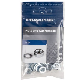 Rawlplug M8 Hex Nuts and Washers Set DIN 934 Metric Thread 20 pcs Plastic Bag | Fastening Kit for Construction Automotive Machinery