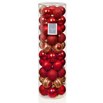 Premier Red Glitter Effect Shatterproof Christmas Bauble Set – 60mm Round Multi-Finish Ornaments I Pack of 50
