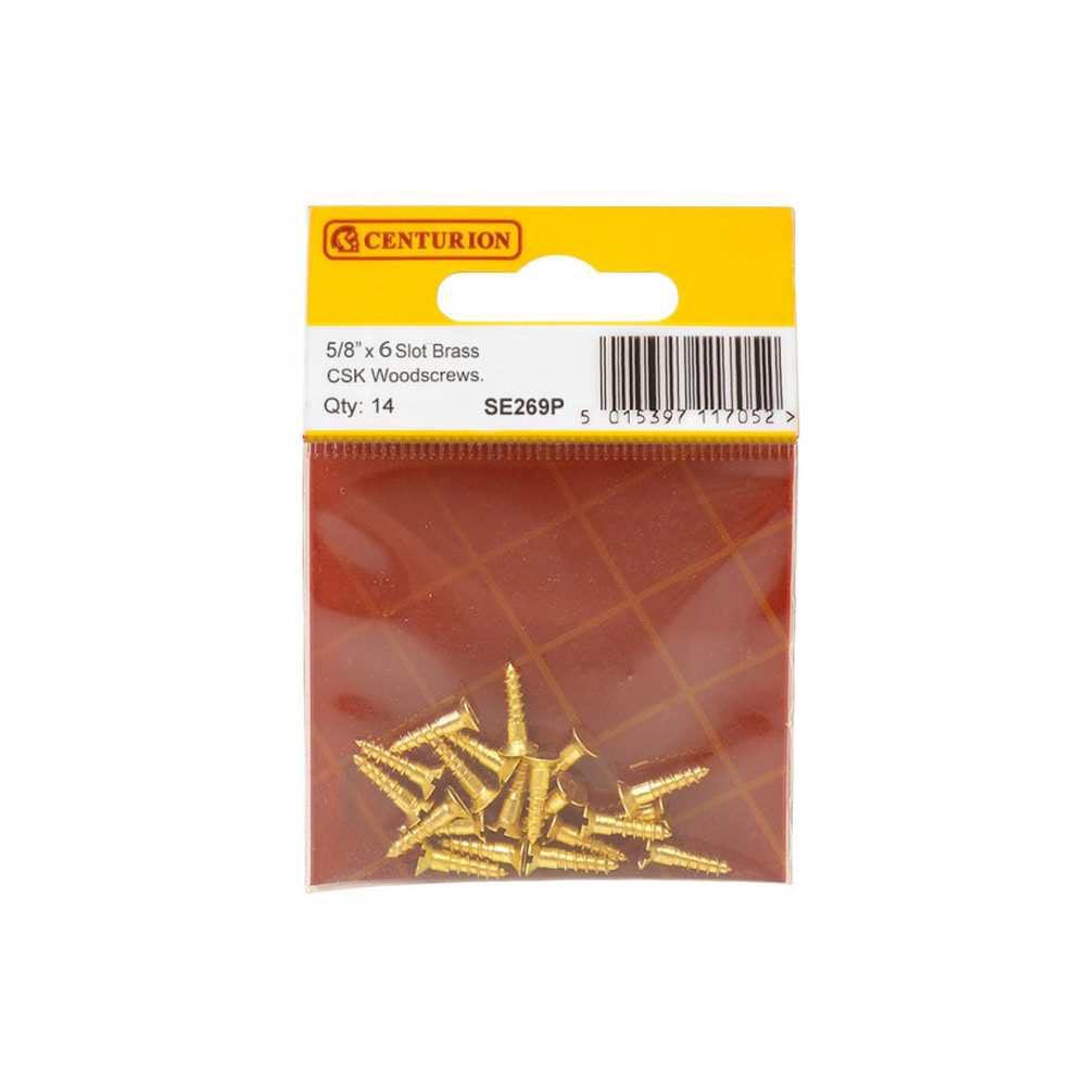 Centurion 5/8" x 6 Slotted Countersunk Brass Woodscrews - Pack Of 14