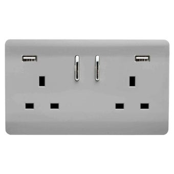 Trendi 13amp 2 Gang Switched Socket with 2x USB - Brushed Steel