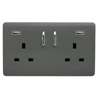 Trendi 2 Gang 13Amp Switched Socket With 2x USB Charcoal Grey
