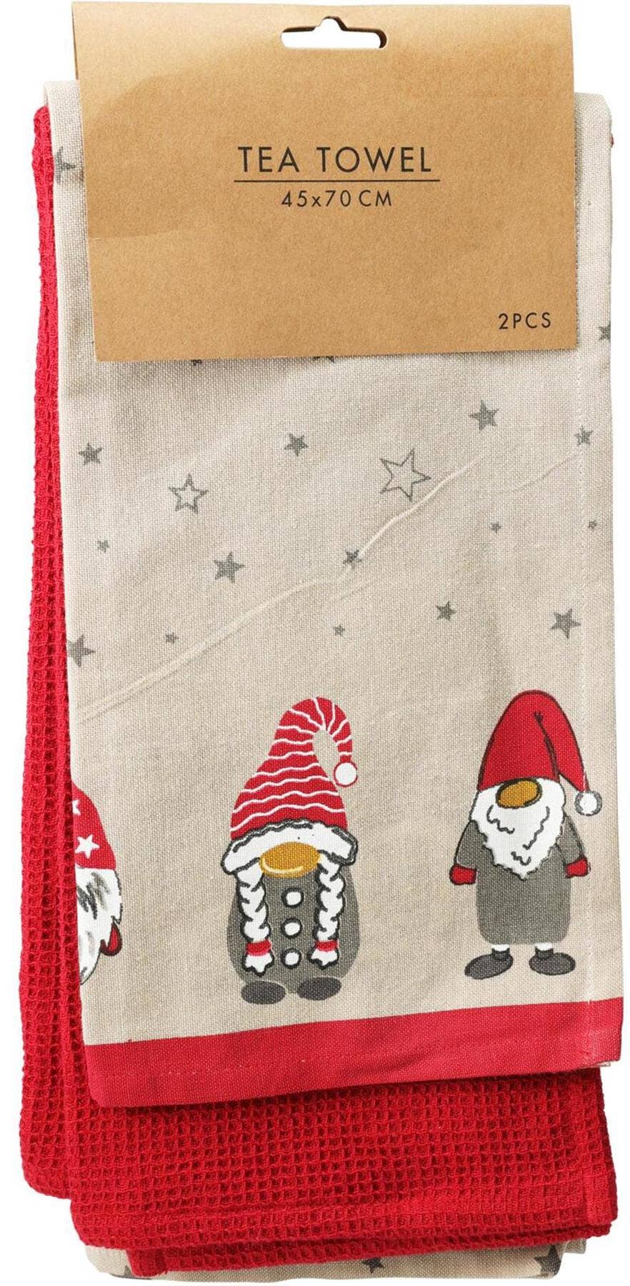 Christmas Elf Design Cotton Tea Towel Set – 2-Piece Festive Kitchen Towels I 45 x 70cm
