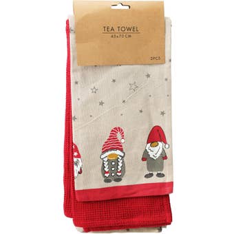 Christmas Elf Design Cotton Tea Towel Set – 2-Piece Festive Kitchen Towels I 45 x 70cm