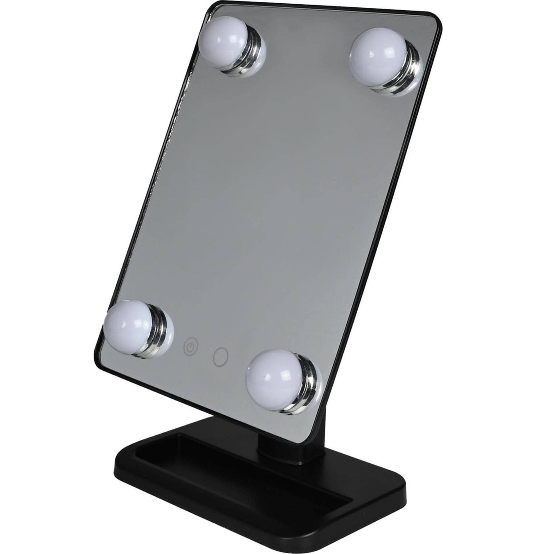 Make-Up Mirror with 4 LED Hollywood Lights – Black, Rotatable with Touch Switch and Storage