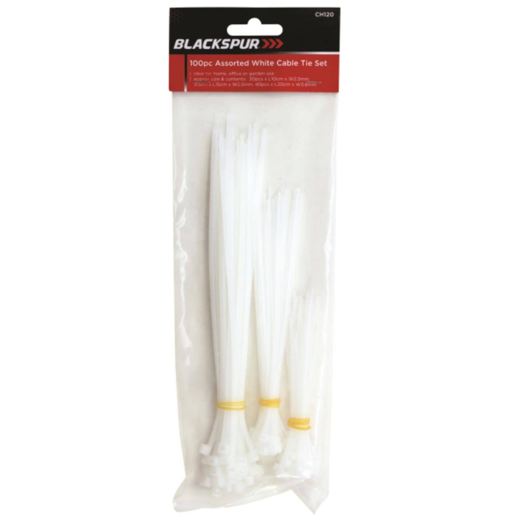 Blackspur White Assorted Cable Tie Set 100 Piece – Self Locking Nylon Ties