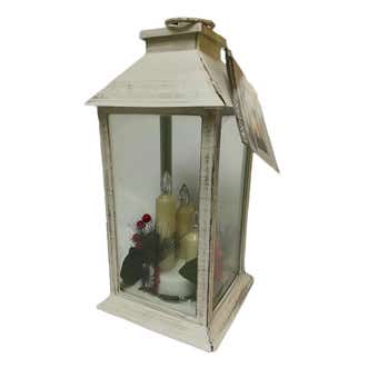 White Lantern With LED Candles & Holly Berry Leaf - 29cm