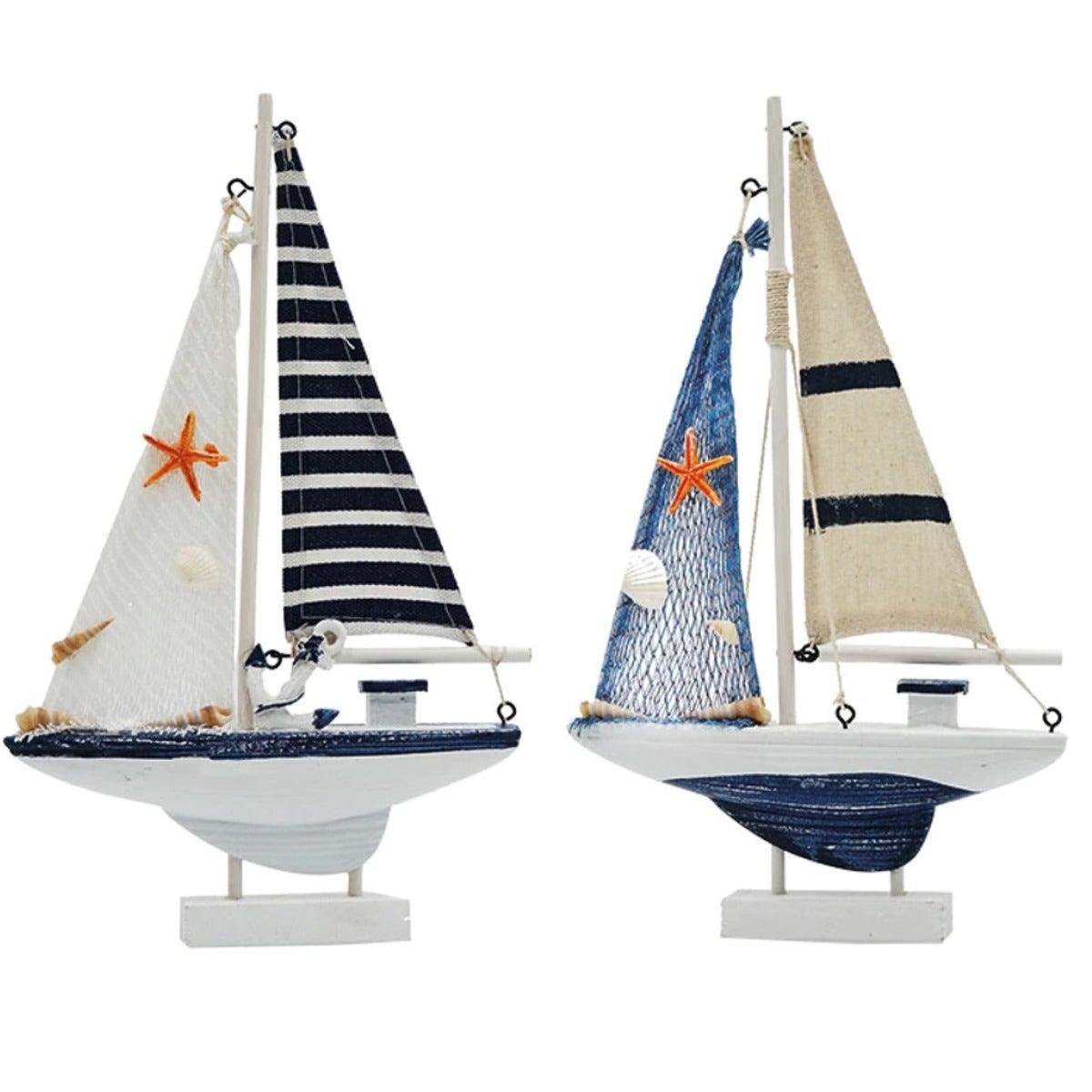 Wooden boat with blue and white sails - 18x4x29cm